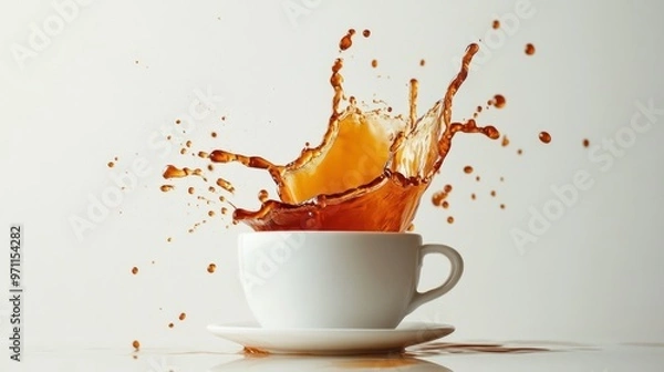 Fototapeta Close up Dynamic splash of coffee erupts from a white cup on a white background. Ai generated image
