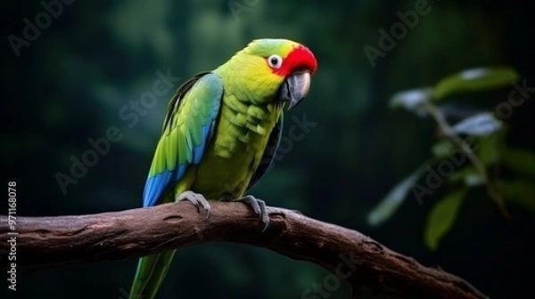 Fototapeta A vibrant green parrot with a red head perched on a branch, looking down with a curious expression.