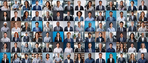 Obraz Collage of diverse work colleagues wearing business attire. People of different ages, ethnicities, nationalities, and cultures. International employees, video call screen, header or banner.