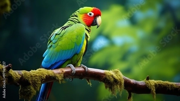 Fototapeta A vibrant green, blue, and red parrot perched on a mossy branch.