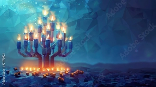 Fototapeta Modern Hanukkah Scene with Geometric Menorah and Blue Candles

