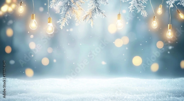 Fototapeta A blurred background of an empty snowy winter scene with hanging lights and snowflakes