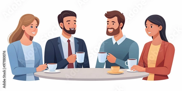 Fototapeta Flat Candid Group Savings Plan Concept: Friends & Colleagues Discussing Collective Financial Planning Over Coffee in a Simple Vector Illustration