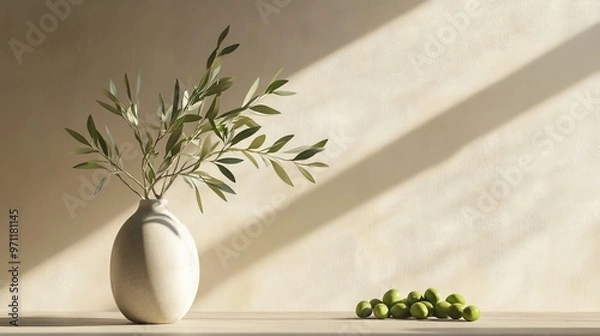 Fototapeta Olive Branch in Vase with Sun Rays and Minimalist Background. AI generated illustration