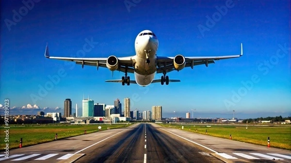 Fototapeta A wide-angle view of a commercial jet ascending into a clear blue sky, with the runway and airport buildings receding in the distance.
