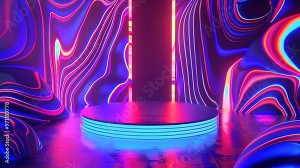 Fototapeta AI generative 3D podium with a psychedelic background, featuring swirling neon patterns and vibrant, abstract shapes that create a surreal atmosphere.