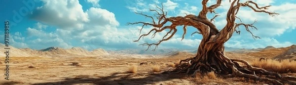 Fototapeta A solitary, gnarled tree stands against a vibrant sky in a vast, empty desert landscape, epitomizing resilience in nature.
