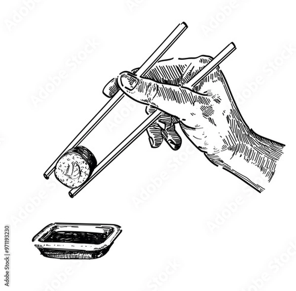 Fototapeta hand person hold sushi maki with chopsticks dipping in soy sauce delicious food asian japanees restaurant dish draw linear illustration isolated on white background