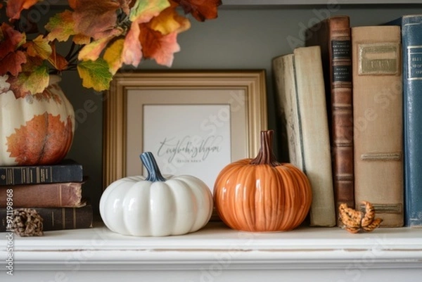Fototapeta White and Orange Pumpkins on a Bookshelf with Fall Leaves