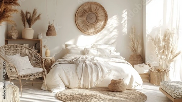 Fototapeta A bedroom with a bed, chair, table, and window