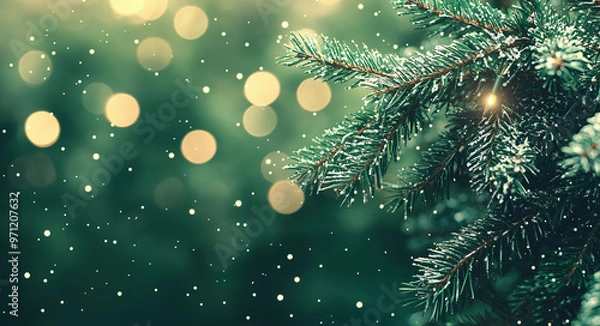 Fototapeta A close-up of leaves and branches on evergreen foliage with a blur in the background