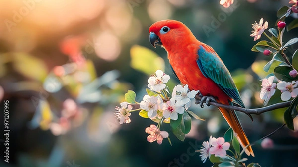 Fototapeta A beautiful parrot perching on a flower tree branch