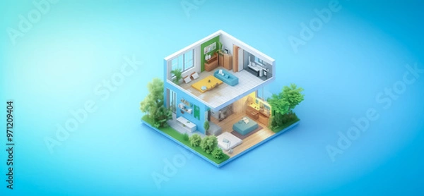 Fototapeta Isometric 3D rendering of a modern eco-friendly house featuring a spacious living room, kitchen, and lush greenery outside. The house incorporates sustainable architectural elements and vibrant interi