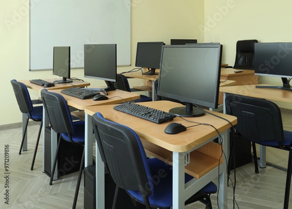 Obraz Classic small simple room classroom with computers. Interior IT concept