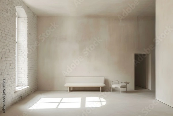 Fototapeta Minimalist Interior Design With Brick Wall And Beige Sofa