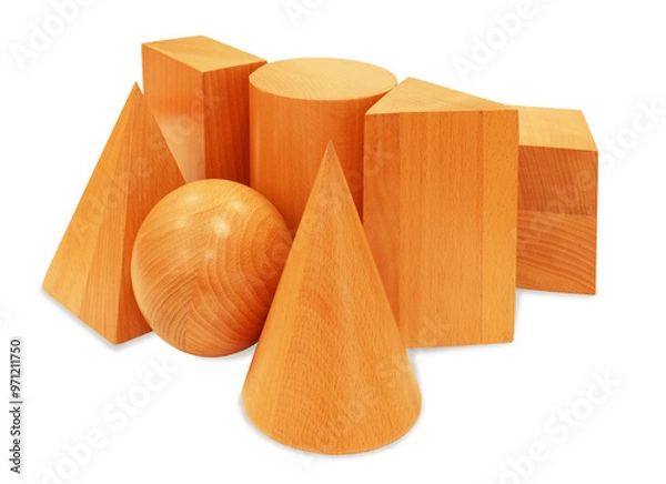 Fototapeta Wooden school geometric solids triangular prism square pyramid cube sphere cone cuboid cylinder for geometry classes isolated on white background. Learning items concept