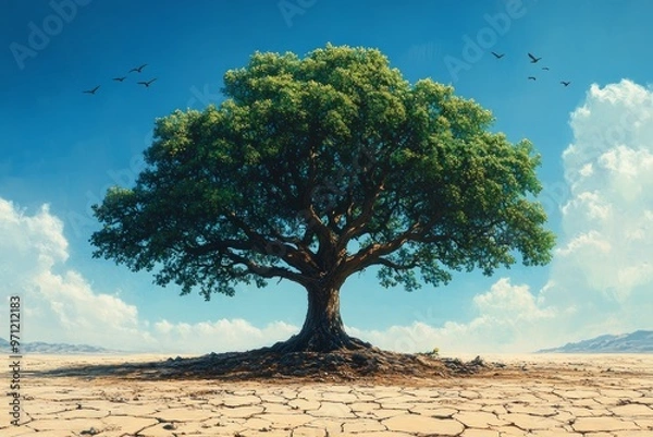 Fototapeta A large tree growing in the middle of an arid desert