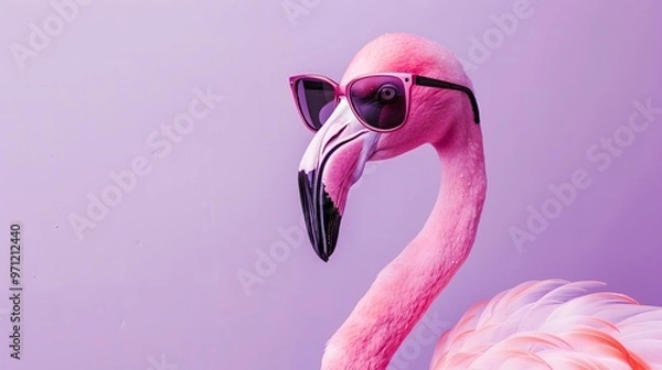 Obraz Flamingo bird in cat-eye sunglasses, standing on a solid pastel lilac background