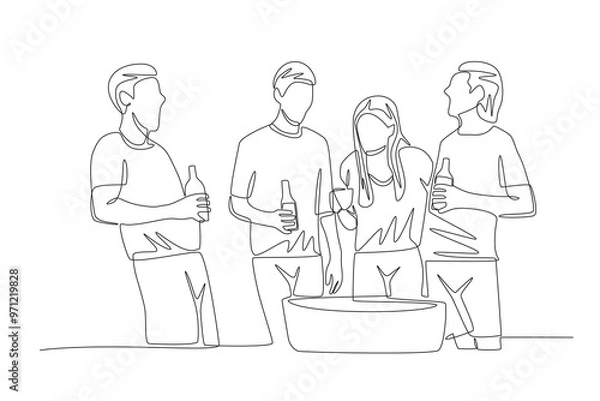 Fototapeta Friends having a barbeque. Barbequing with friends or family concept one-line drawing
