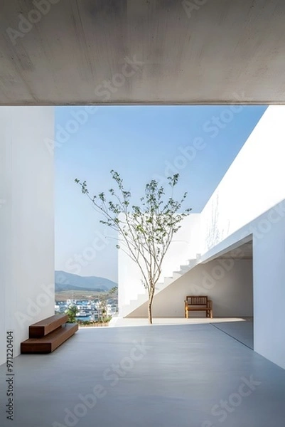 Fototapeta Minimalist White Concrete Patio with a Tree and a Bench
