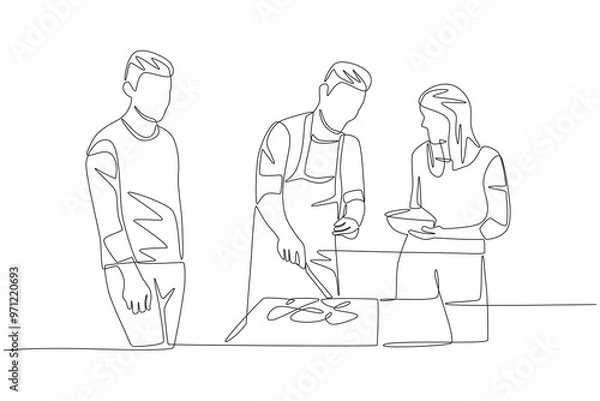 Fototapeta Friends who are going to a barbeque. Barbequing with friends or family concept one-line drawing