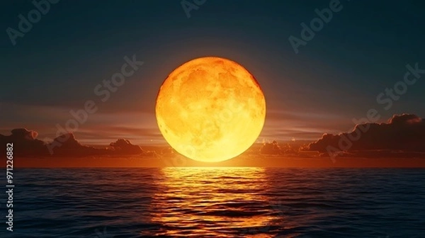 Fototapeta The full moon rises over the ocean as the last rays of the sun fade, creating a magical moment.