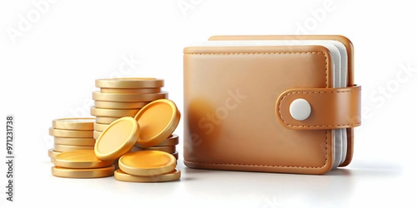 Obraz 3D Levitating Wallet with Coins Concept - Clean Vector Design Illustrating a Modern Wallet Suspended in Mid-Air, Emphasizing Spending and Savings on White Background