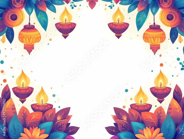 Fototapeta Elegant Flat Diwali Lanterns & Floating Peacock Feathers Border Frame with Ample Copy Space for Festive Wording - Luxurious Vector Design