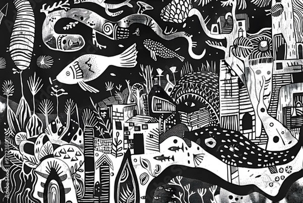 Fototapeta Black and White Abstract Illustration of a Surreal City