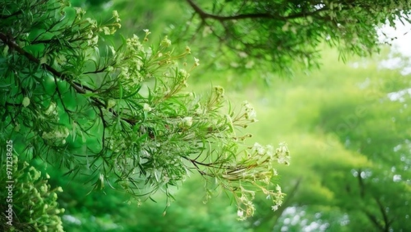 Fototapeta Full frame of green foliage on branches and bokeh background