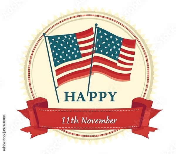 Obraz A vector design for an icon of the American flag with two flags inside, text "HAPPY 11th November", simple shapes, bold outlines, flat colors, circular shape, on a white background, 