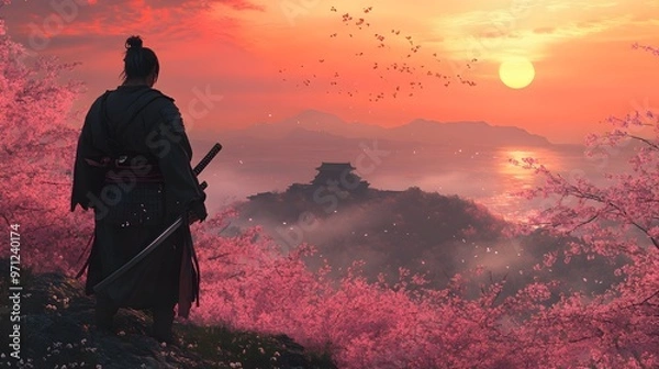 Fototapeta A samurai wielding a katana, standing on a hilltop covered with sakura trees in full bloom, sunset in the background