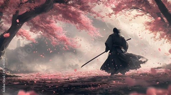 Fototapeta A katana master practicing under a canopy of sakura trees, with petals swirling around in a graceful dance