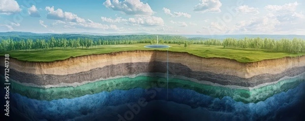 Obraz Cross-section illustration of carbon capture and storage processes, layers of earth, underground CO2 storage, corporate environmental strategy