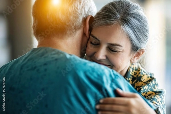 Fototapeta A heartfelt embrace between two individuals, showcasing warmth and connection in a tender moment of affection.