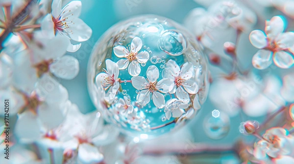 Obraz Scented Bubble with Floral Kaleidoscope and Defocused White Petals on Gel Texture