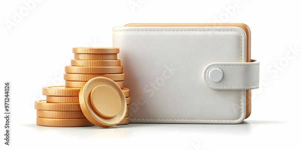 Fototapeta 3D Levitating Wallet with Coins Concept - Sleek Modern Icon Isolated on White Background, Emphasizing Spending and Savings in Clean Vector Design