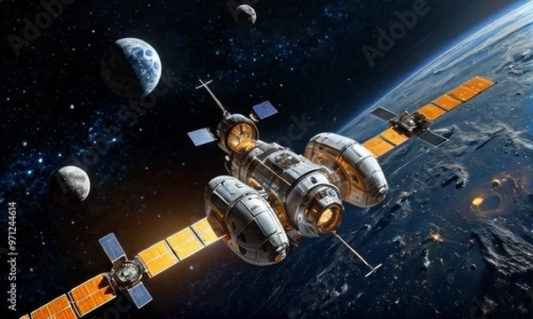 Fototapeta Advanced Space Station Orbiting the Moon In Galaxy