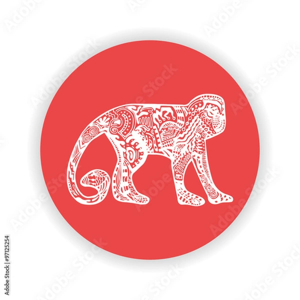 Obraz White monkey with hand-drawn pattern on red