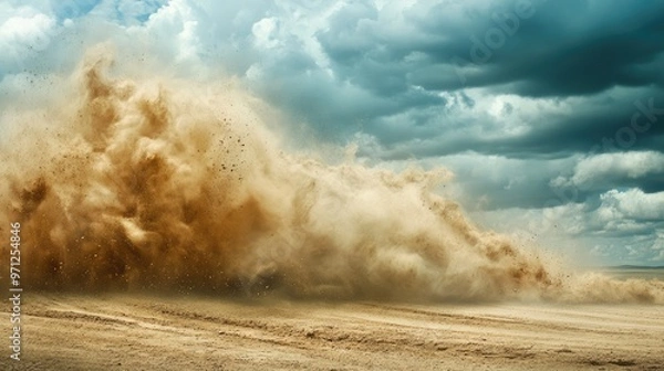 Fototapeta Dynamic cloud of dust and sand, capturing the intense motion and texture of a desert storm or a dirt road. Backgrounds depicting speed, movement of a vehicle stirring up the earth. Generative Ai