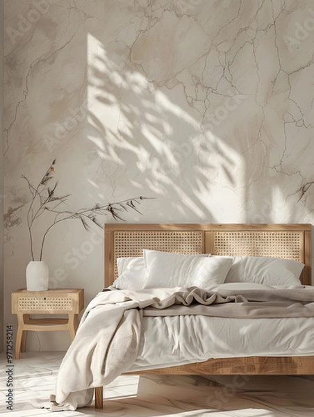 Obraz Modern bedroom interior mock up, wooden rattan bed on empty marble wall background, Scandinavian style, 3d render 3d render. Generative Ai.