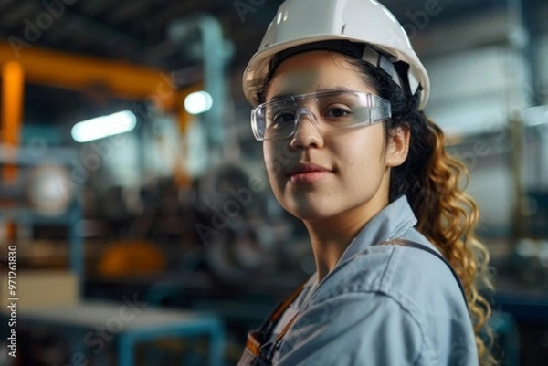 Fototapeta Portrait of a young female assembly line worker in factory