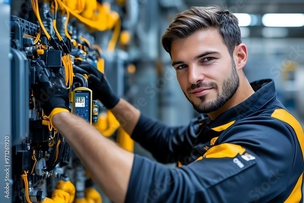 Fototapeta A technician measuring the resistance of an electric motor using a multimeter to ensure it's operating efficiently