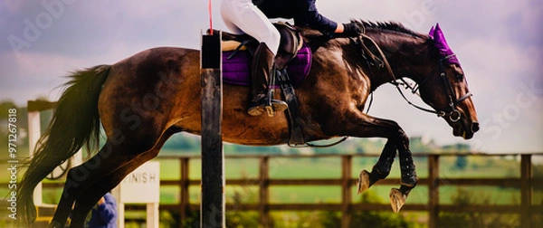 Fototapeta A beautiful bay horse, with a skilled rider in the saddle, jumps over a tall barrier on a sunny summer day, against a backdrop of a blue sky. 