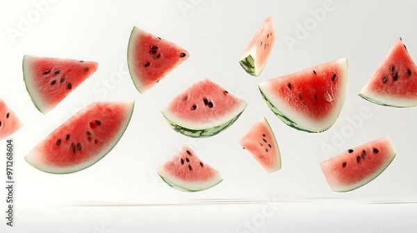 Fototapeta Thin slices of watermelon floating delicately in mid-air, creating a cascading effect against a light background