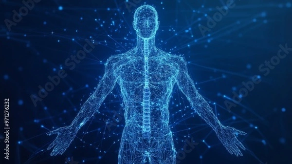 Fototapeta Digital Representation of a Human Figure Surrounded by Glowing Data Particles in a Dark Environment