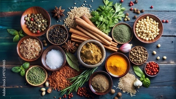 Fototapeta vibrant flat lay showcases a diverse and abundant collection of assorted herbs, spices, and fresh produce, artfully arranged on a dark, textured surface. Small bowls and wooden spoons are filled with 