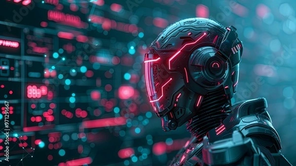 Fototapeta Futuristic Robot with Glowing Red Lights in a Cybernetic World