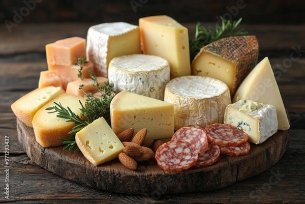 Obraz Assortment of cheese on wooden table, closeup. Dairy products. Cheese Selection. Large assortment of international cheese specialities.
