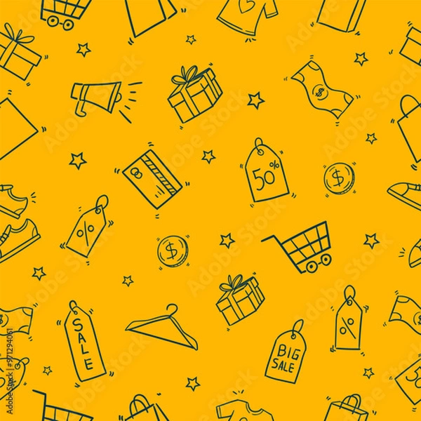 Fototapeta Black Friday Seamless Pattern doodle Of Shopping Icons elements Vector Illustration Yellow and Blue.